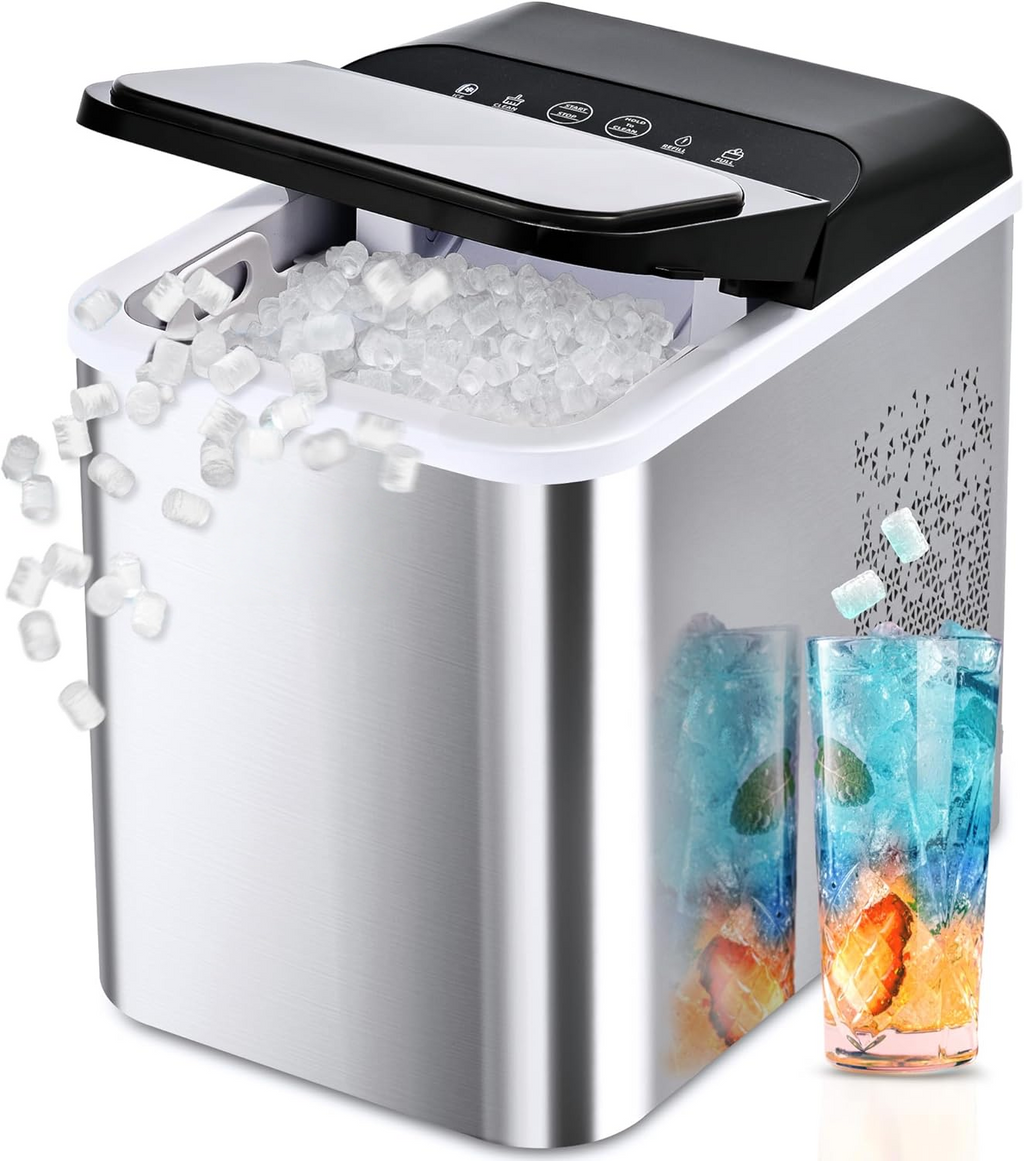 Chewable Pellet Sonic Ice Maker, 8 Mins Fast Making, 35Lbs/24H Self-Cleaning Countertop Portable Ice Machine with Scoop and Basket for Home Party RV Camping