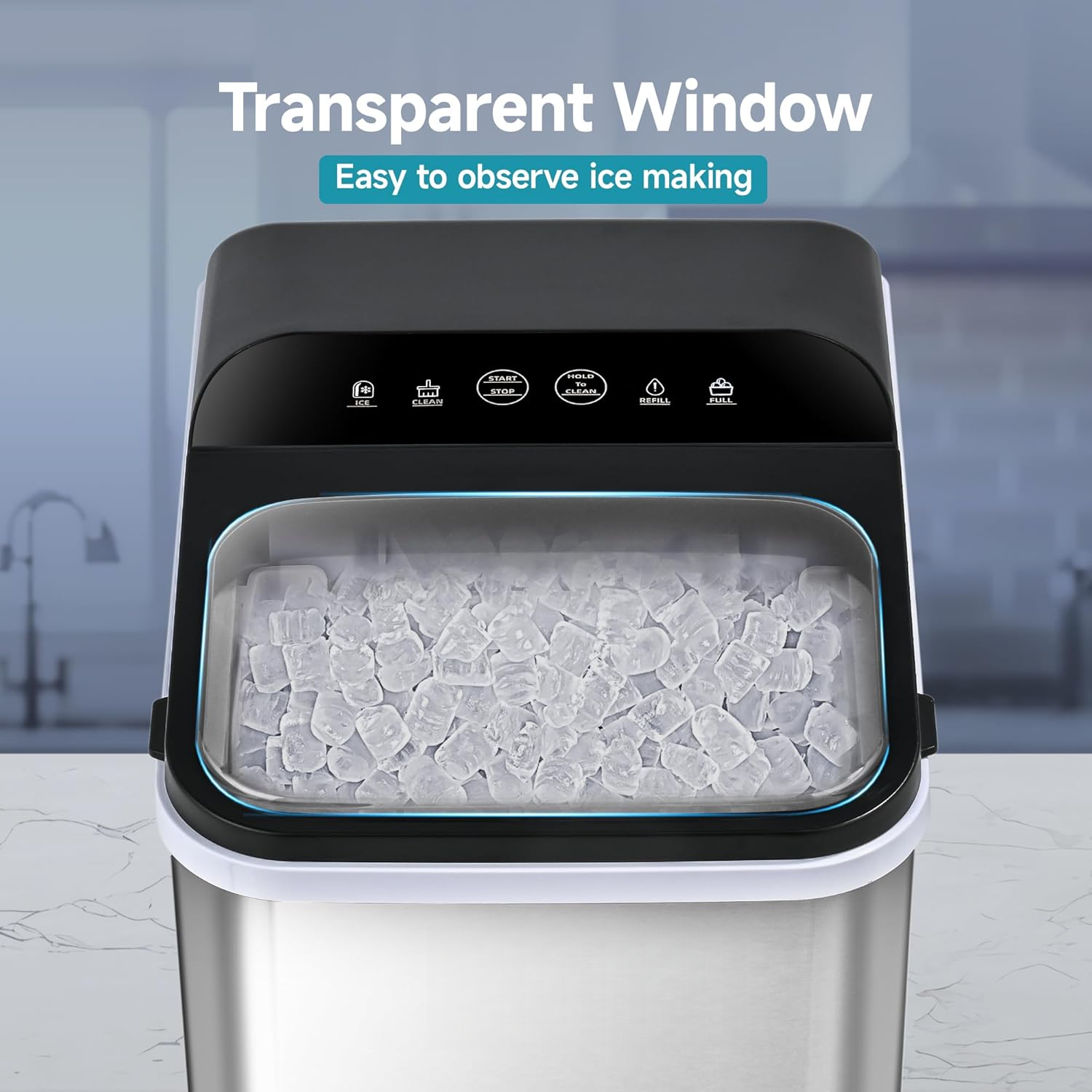 Chewable Pellet Sonic Ice Maker, 8 Mins Fast Making, 35Lbs/24H Self-Cleaning Countertop Portable Ice Machine with Scoop and Basket for Home Party RV Camping