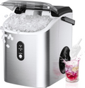 Countertop Nugget Ice Maker with Handle, Ready in 6 Mins, 34Lbs/24H Portable Sonic Ice Maker, Removable Top Cover & Auto-Cleaning Design with Ice Basket and Scoop, Ideal for Home Party RV Camping, Silver