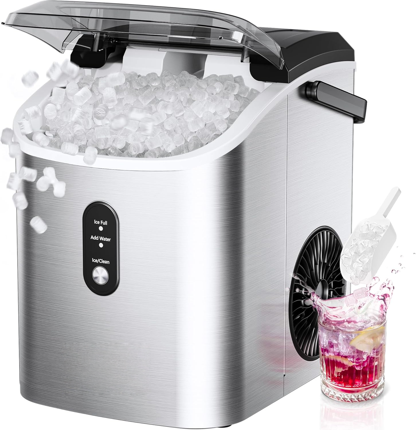Countertop Nugget Ice Maker with Handle, Ready in 6 Mins, 34Lbs/24H Portable Sonic Ice Maker, Removable Top Cover & Auto-Cleaning Design with Ice Basket and Scoop, Ideal for Home Party RV Camping, Silver