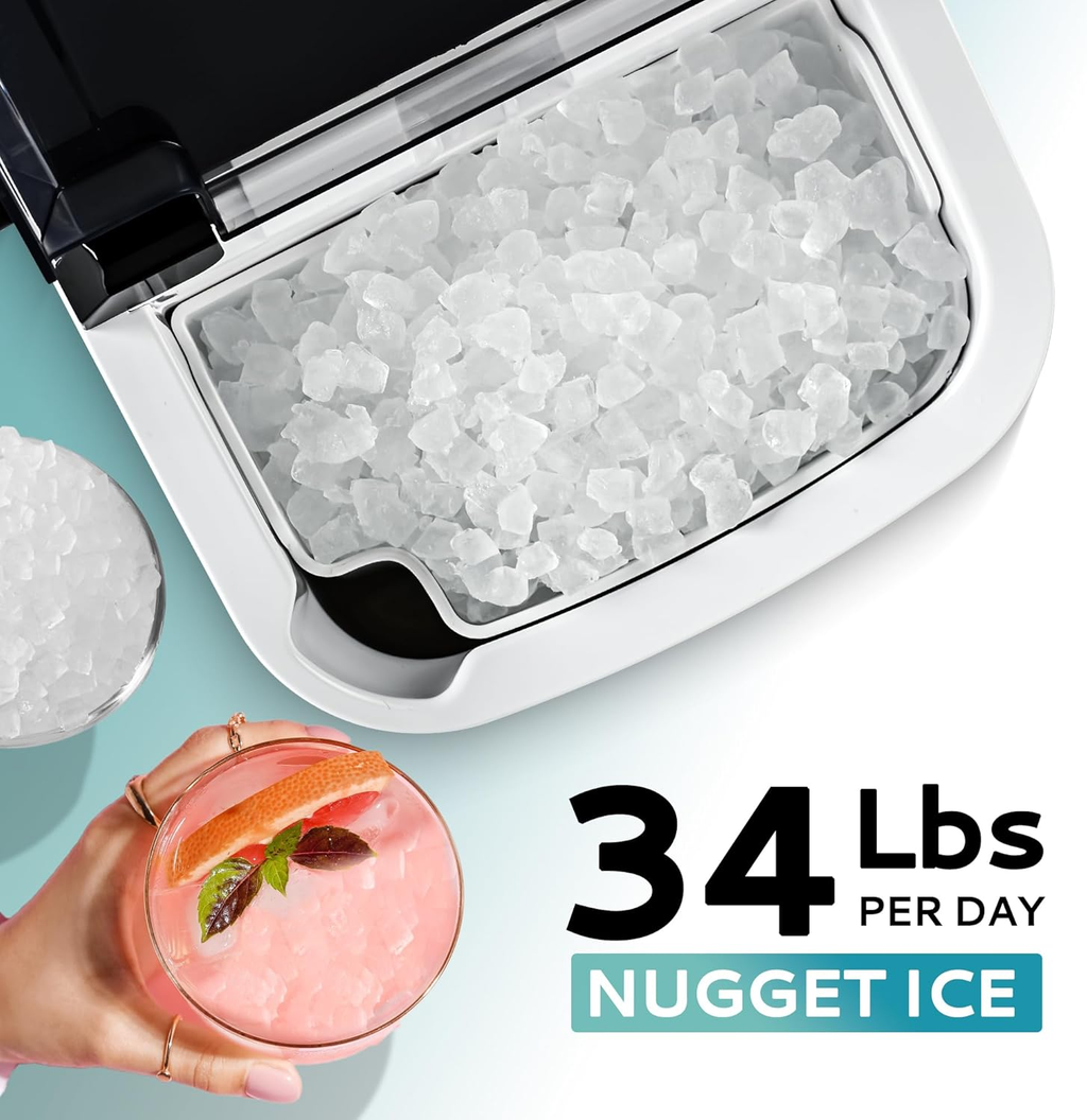 Countertop Nugget Ice Maker with Handle, Ready in 6 Mins, 34Lbs/24H Portable Sonic Ice Maker, Removable Top Cover & Auto-Cleaning Design with Ice Basket and Scoop, Ideal for Home Party RV Camping, Silver