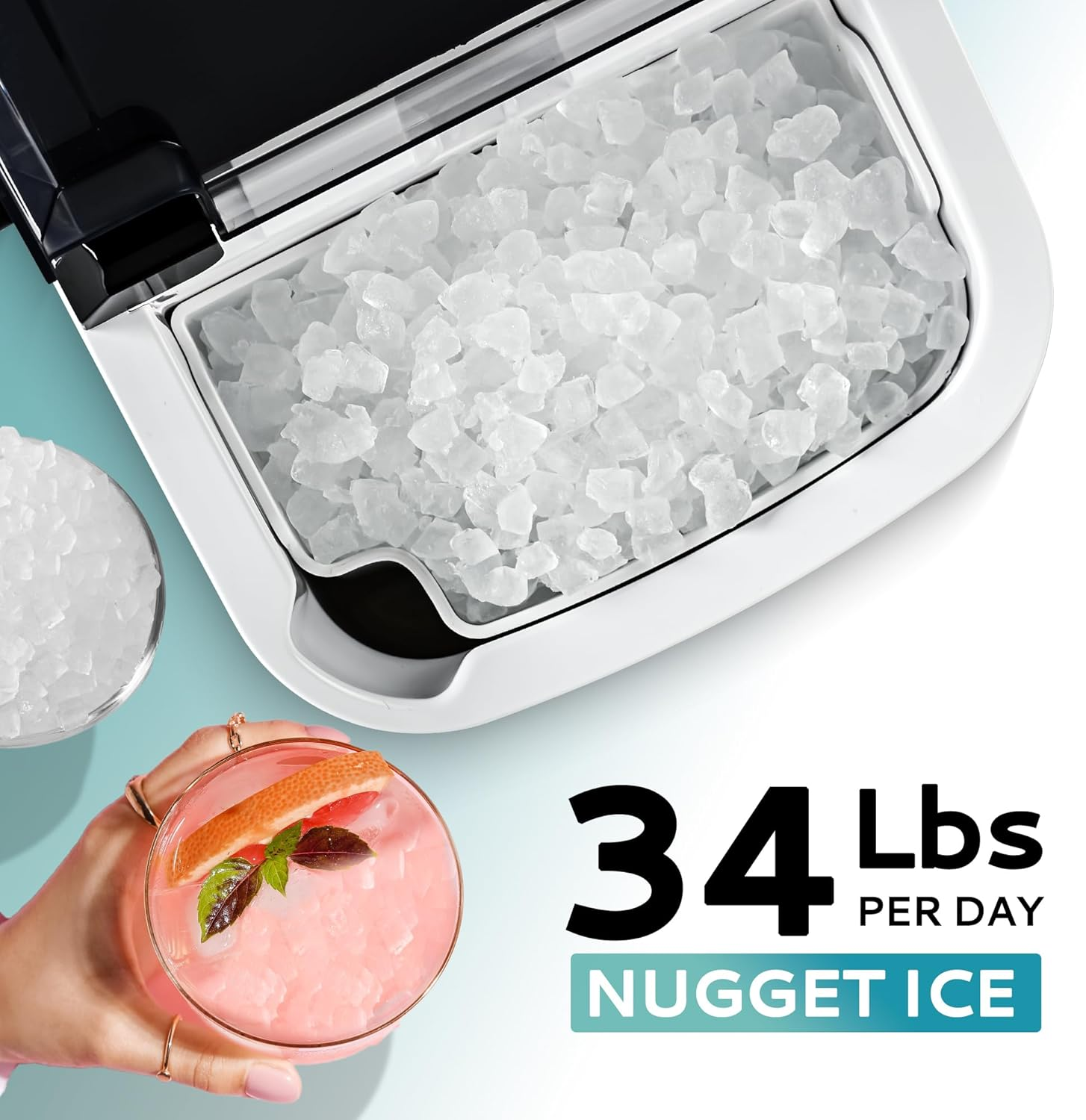 Countertop Nugget Ice Maker with Handle, Ready in 6 Mins, 34Lbs/24H Portable Sonic Ice Maker, Removable Top Cover & Auto-Cleaning Design with Ice Basket and Scoop, Ideal for Home Party RV Camping, Silver