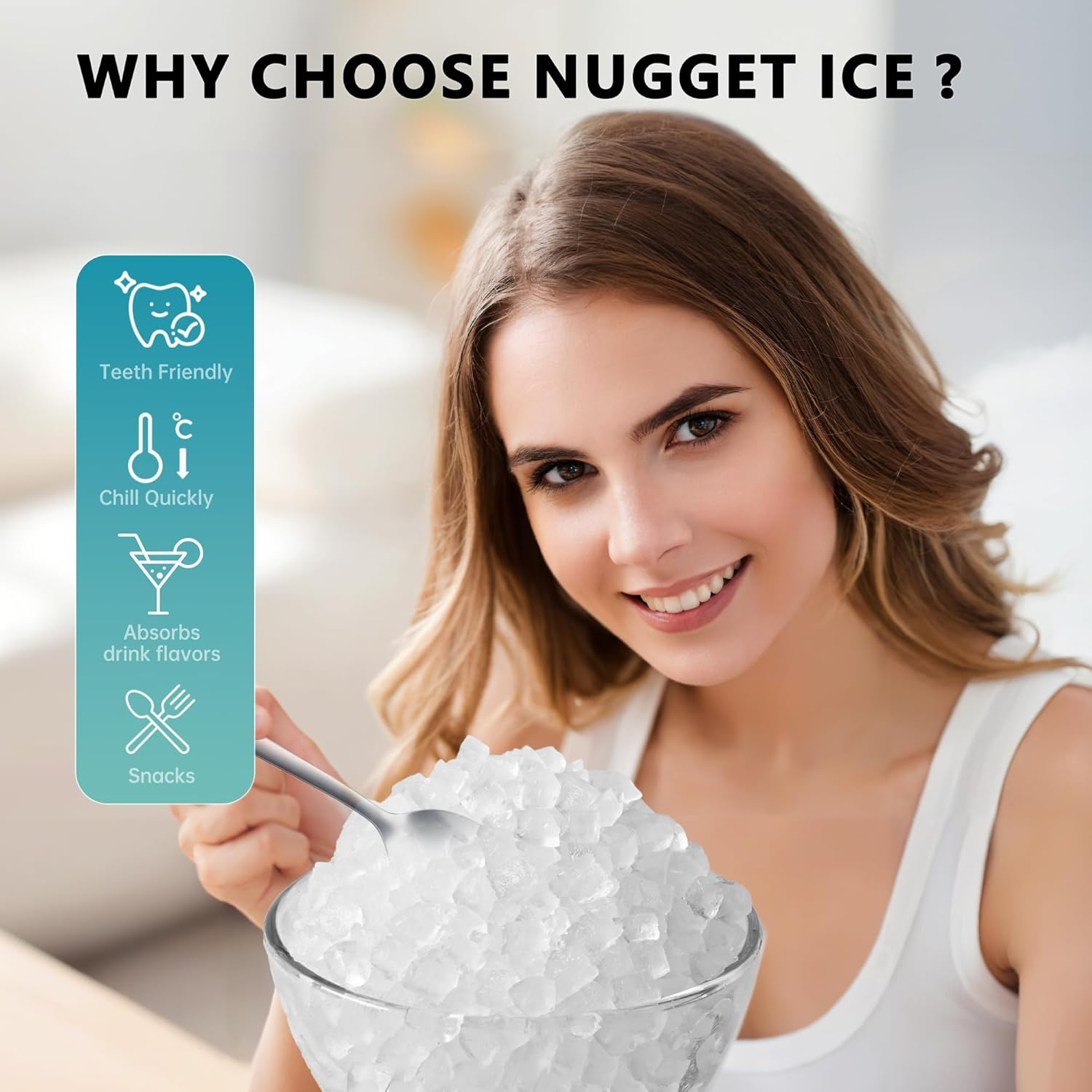 Countertop Nugget Ice Maker with Handle, Ready in 6 Mins, 34Lbs/24H Portable Sonic Ice Maker, Removable Top Cover & Auto-Cleaning Design with Ice Basket and Scoop, Ideal for Home Party RV Camping, Silver