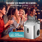 Countertop Nugget Ice Maker with Handle, Ready in 6 Mins, 34Lbs/24H Portable Sonic Ice Maker, Removable Top Cover & Auto-Cleaning Design with Ice Basket and Scoop, Ideal for Home Party RV Camping, Silver