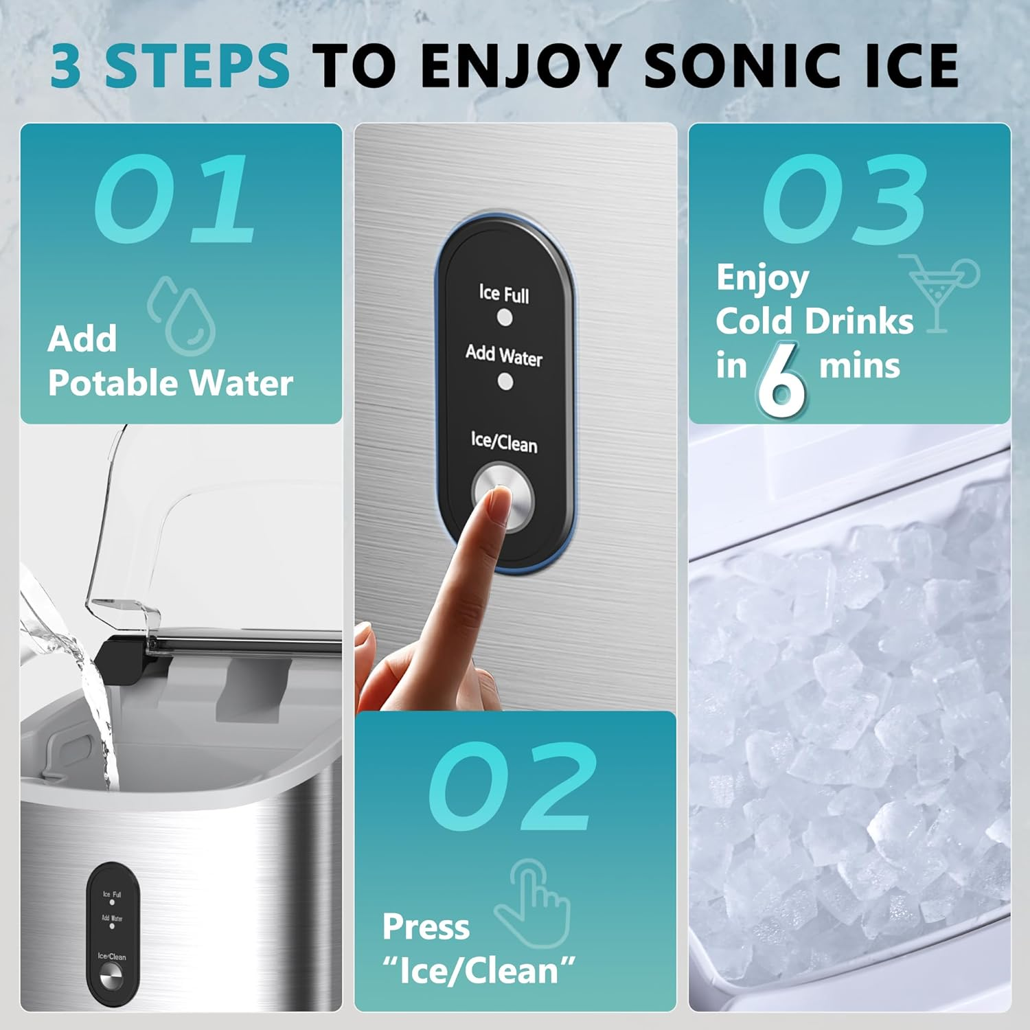 Countertop Nugget Ice Maker with Handle, Ready in 6 Mins, 34Lbs/24H Portable Sonic Ice Maker, Removable Top Cover & Auto-Cleaning Design with Ice Basket and Scoop, Ideal for Home Party RV Camping, Silver