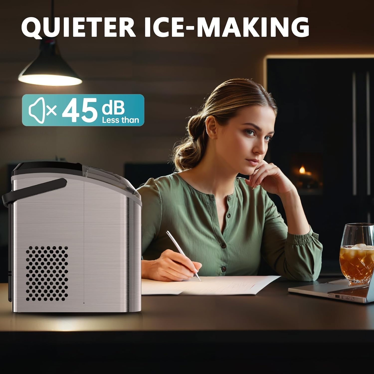 Countertop Nugget Ice Maker with Handle, Ready in 6 Mins, 34Lbs/24H Portable Sonic Ice Maker, Removable Top Cover & Auto-Cleaning Design with Ice Basket and Scoop, Ideal for Home Party RV Camping, Silver