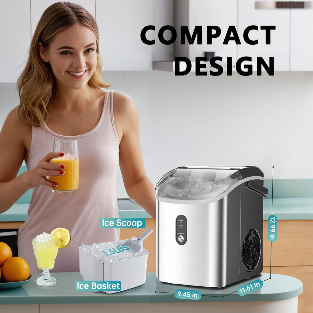 Countertop Nugget Ice Maker with Handle, Ready in 6 Mins, 34Lbs/24H Portable Sonic Ice Maker, Removable Top Cover & Auto-Cleaning Design with Ice Basket and Scoop, Ideal for Home Party RV Camping, Silver