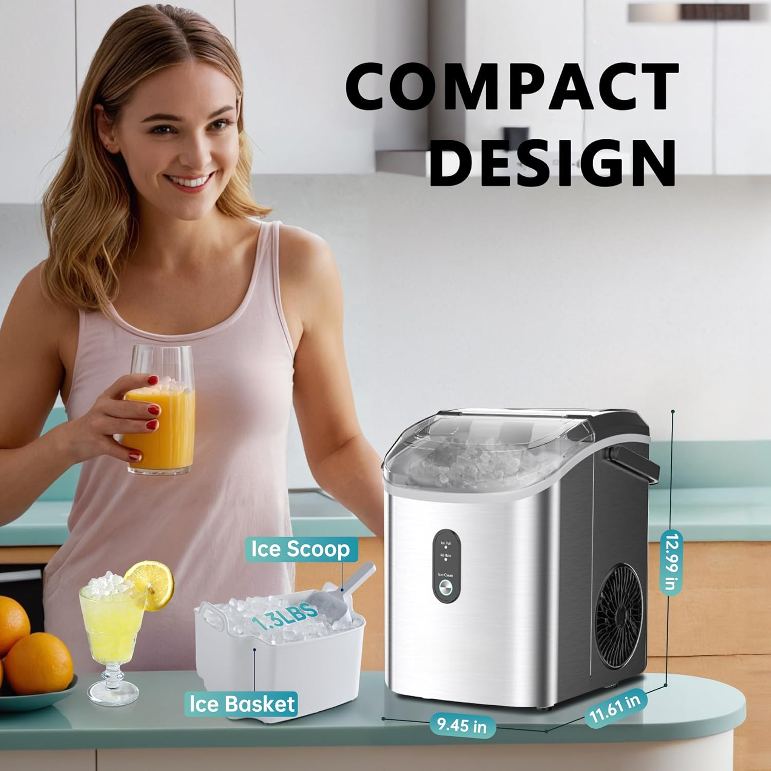 Countertop Nugget Ice Maker with Handle, Ready in 6 Mins, 34Lbs/24H Portable Sonic Ice Maker, Removable Top Cover & Auto-Cleaning Design with Ice Basket and Scoop, Ideal for Home Party RV Camping, Silver
