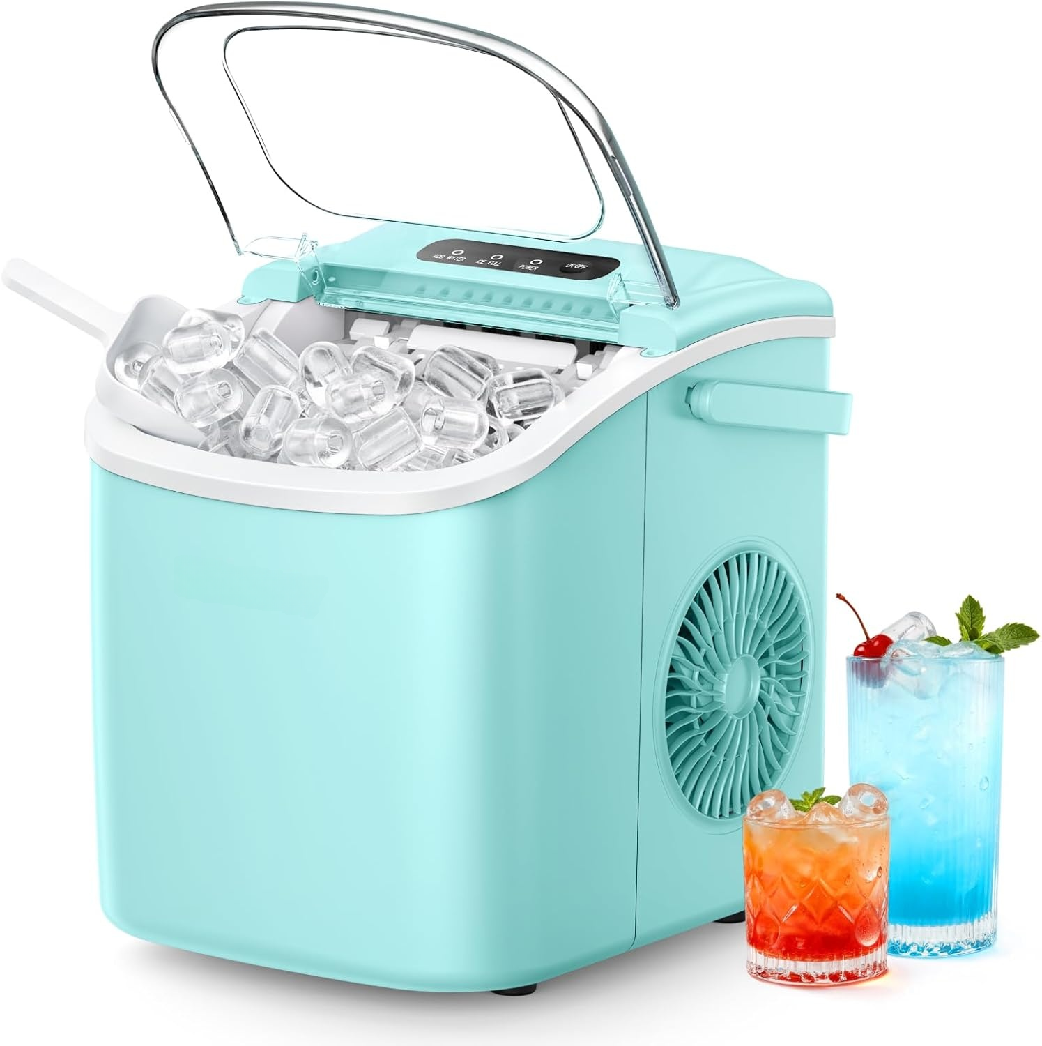 26Lbs/24H Countertop Ice Maker with Handle, 6 Mins Ready 9 Ice Cubes, Auto-Cleaning Portable Machine with Basket & Scoop for Home Kitchen Camping RV, Green