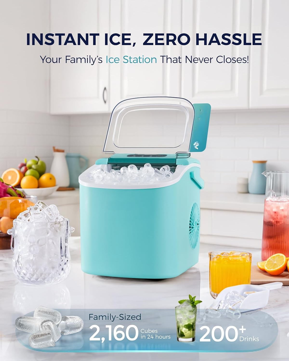 26Lbs/24H Countertop Ice Maker with Handle, 6 Mins Ready 9 Ice Cubes, Auto-Cleaning Portable Machine with Basket & Scoop for Home Kitchen Camping RV, Green