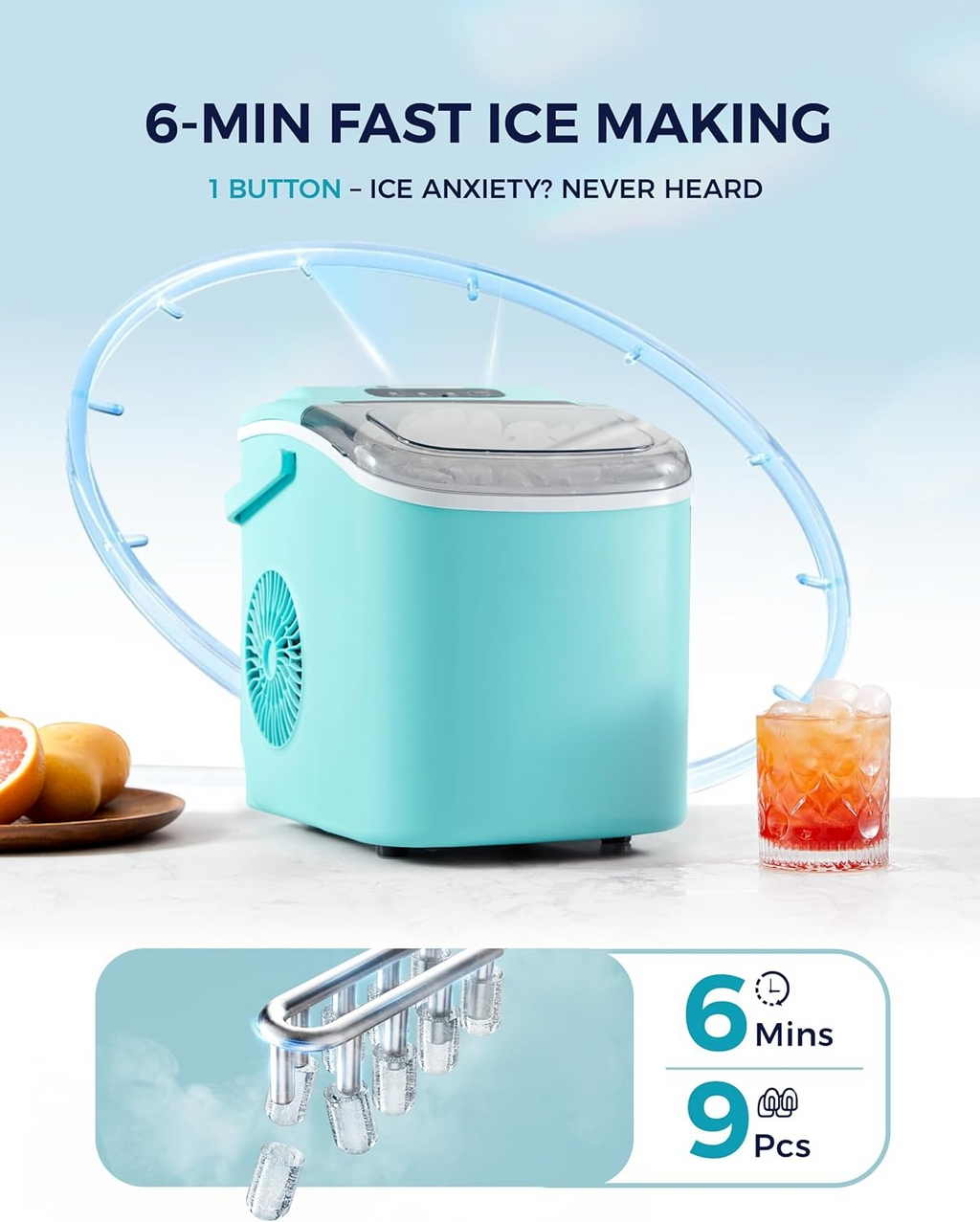 26Lbs/24H Countertop Ice Maker with Handle, 6 Mins Ready 9 Ice Cubes, Auto-Cleaning Portable Machine with Basket & Scoop for Home Kitchen Camping RV, Green