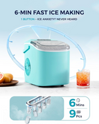26Lbs/24H Countertop Ice Maker with Handle, 6 Mins Ready 9 Ice Cubes, Auto-Cleaning Portable Machine with Basket & Scoop for Home Kitchen Camping RV, Green