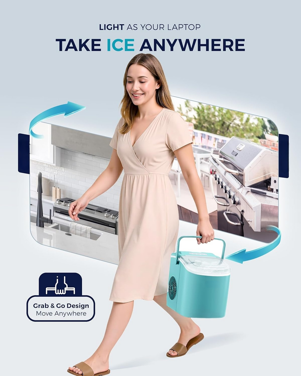 26Lbs/24H Countertop Ice Maker with Handle, 6 Mins Ready 9 Ice Cubes, Auto-Cleaning Portable Machine with Basket & Scoop for Home Kitchen Camping RV, Green
