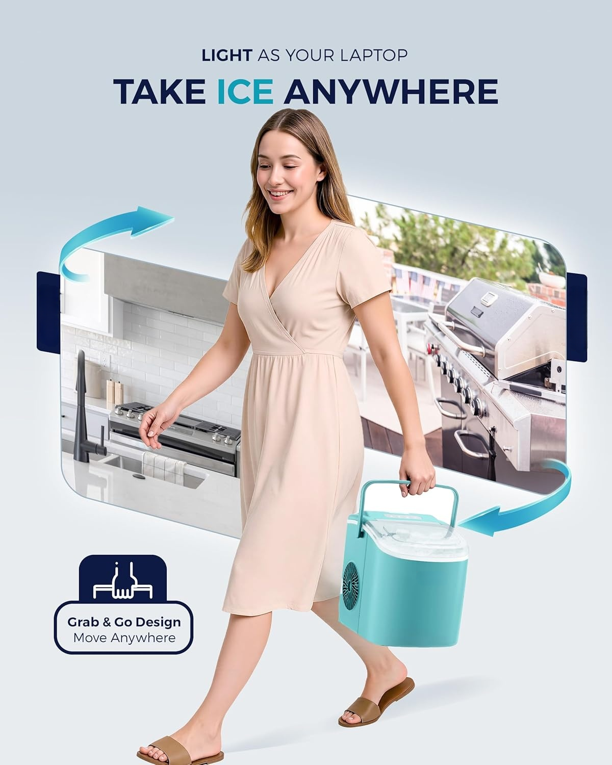 26Lbs/24H Countertop Ice Maker with Handle, 6 Mins Ready 9 Ice Cubes, Auto-Cleaning Portable Machine with Basket & Scoop for Home Kitchen Camping RV, Green