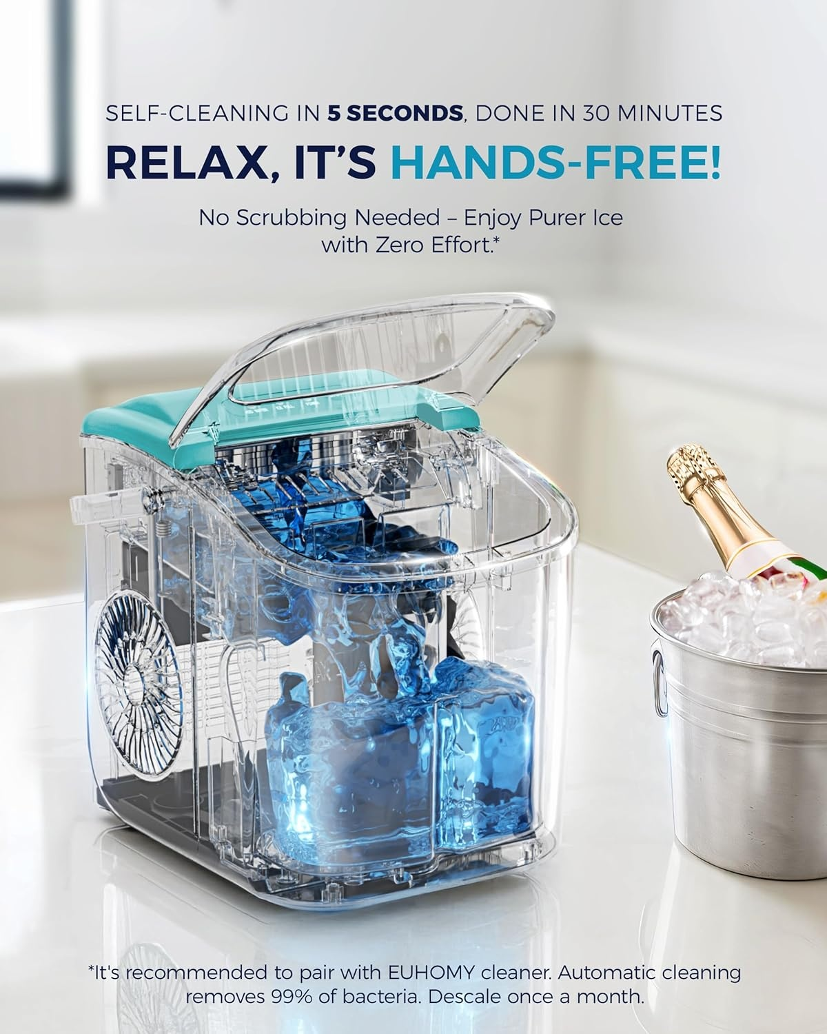 26Lbs/24H Countertop Ice Maker with Handle, 6 Mins Ready 9 Ice Cubes, Auto-Cleaning Portable Machine with Basket & Scoop for Home Kitchen Camping RV, Green