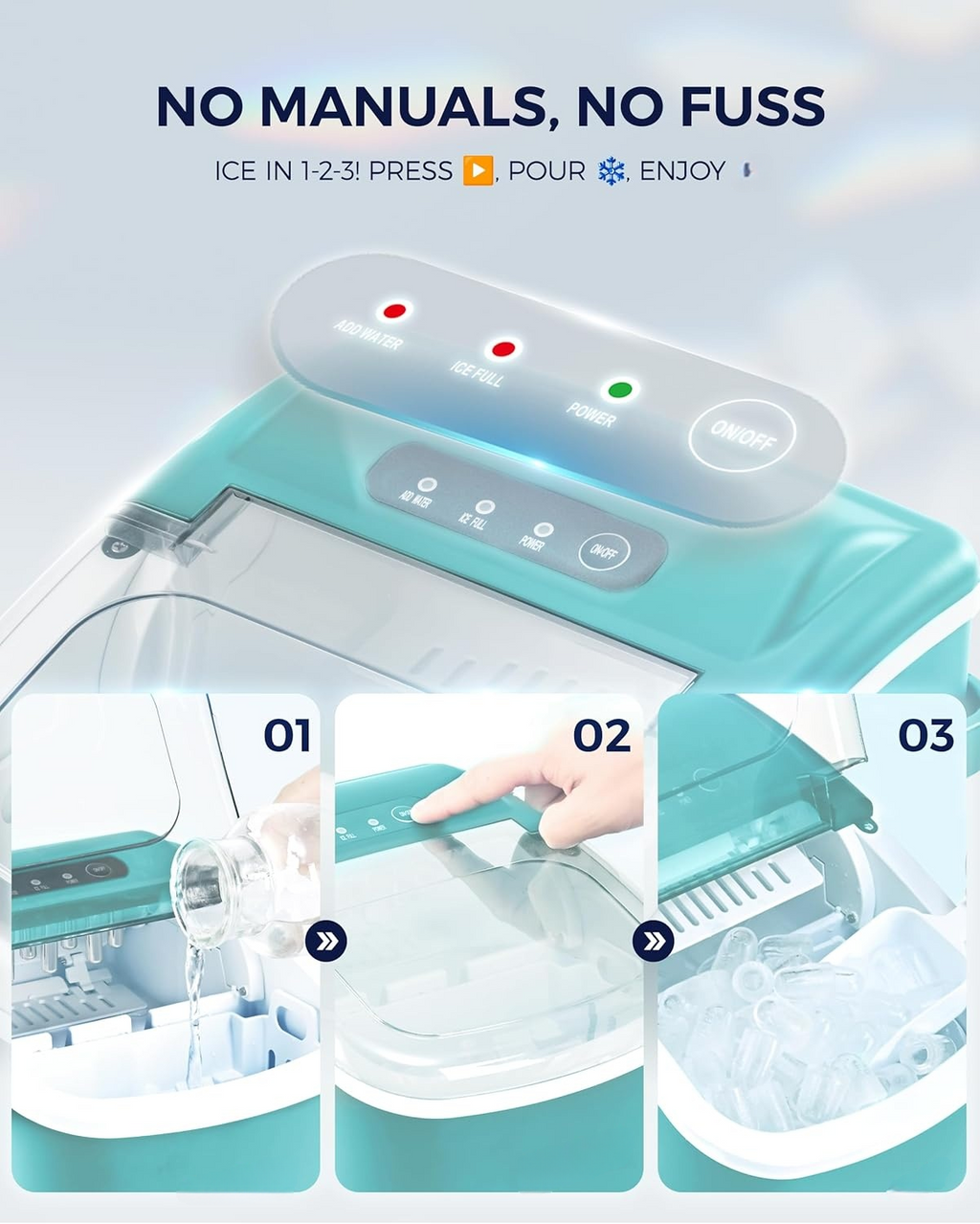 26Lbs/24H Countertop Ice Maker with Handle, 6 Mins Ready 9 Ice Cubes, Auto-Cleaning Portable Machine with Basket & Scoop for Home Kitchen Camping RV, Green