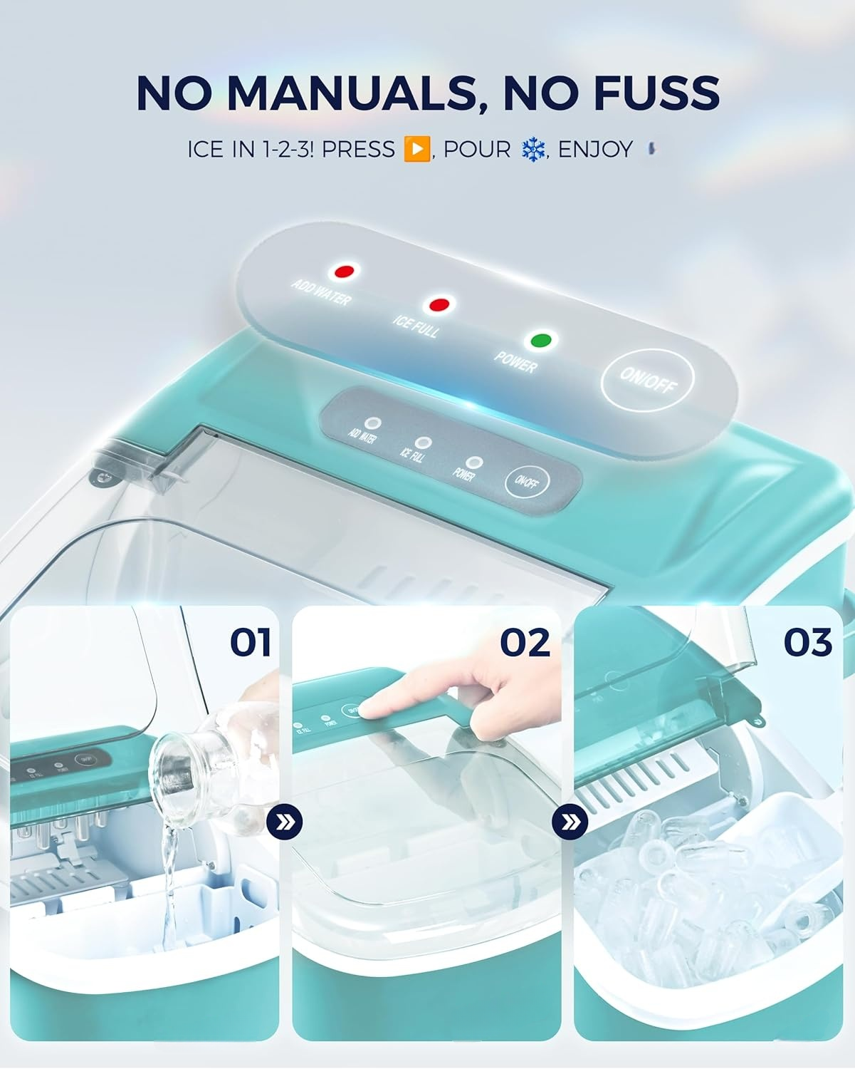 26Lbs/24H Countertop Ice Maker with Handle, 6 Mins Ready 9 Ice Cubes, Auto-Cleaning Portable Machine with Basket & Scoop for Home Kitchen Camping RV, Green