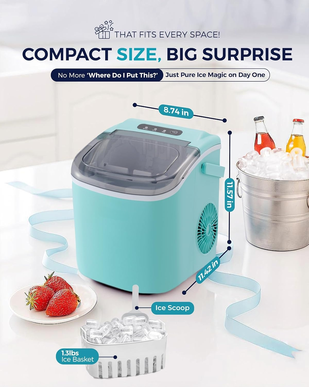 26Lbs/24H Countertop Ice Maker with Handle, 6 Mins Ready 9 Ice Cubes, Auto-Cleaning Portable Machine with Basket & Scoop for Home Kitchen Camping RV, Green